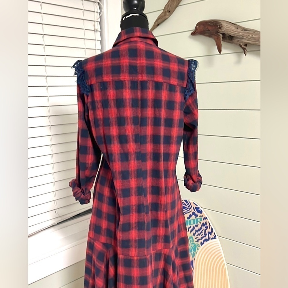 Promesa,Promenade,USA,Red Navy Plaid Cotton Button-Front Flare Midi Dress,Size L - Picture 10 of 14